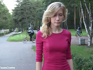 Amateur Russian blonde woman gets picked up by a hunk outdoors and fucked indoors.