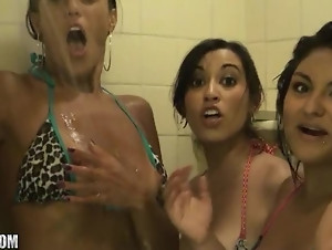 Babes go to the beach and when they come back home, the three of them decide to share a cock.